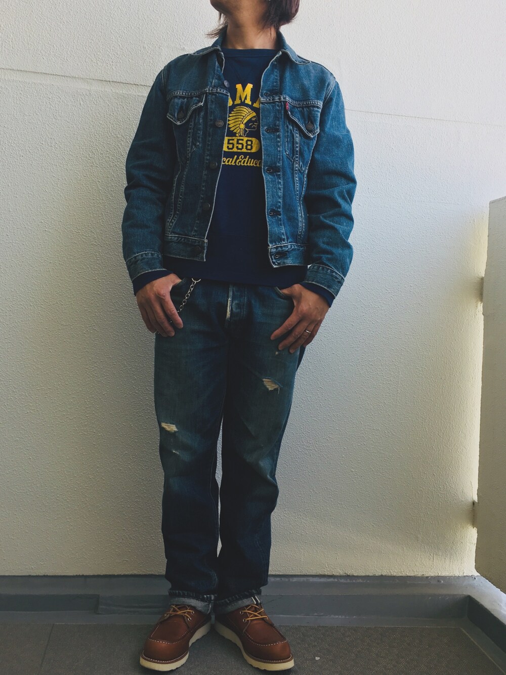 「デニム、ジージャン、501xx、スウェット、レッドウィング877、アメカジ」｜「LEVI'S VINTAGE CLOTHINGのアイテム（デニムパンツ、ブルー系）」を使った、 tatsuma21さん（メンズ・165cm）の春コーディネートの1枚目の写真