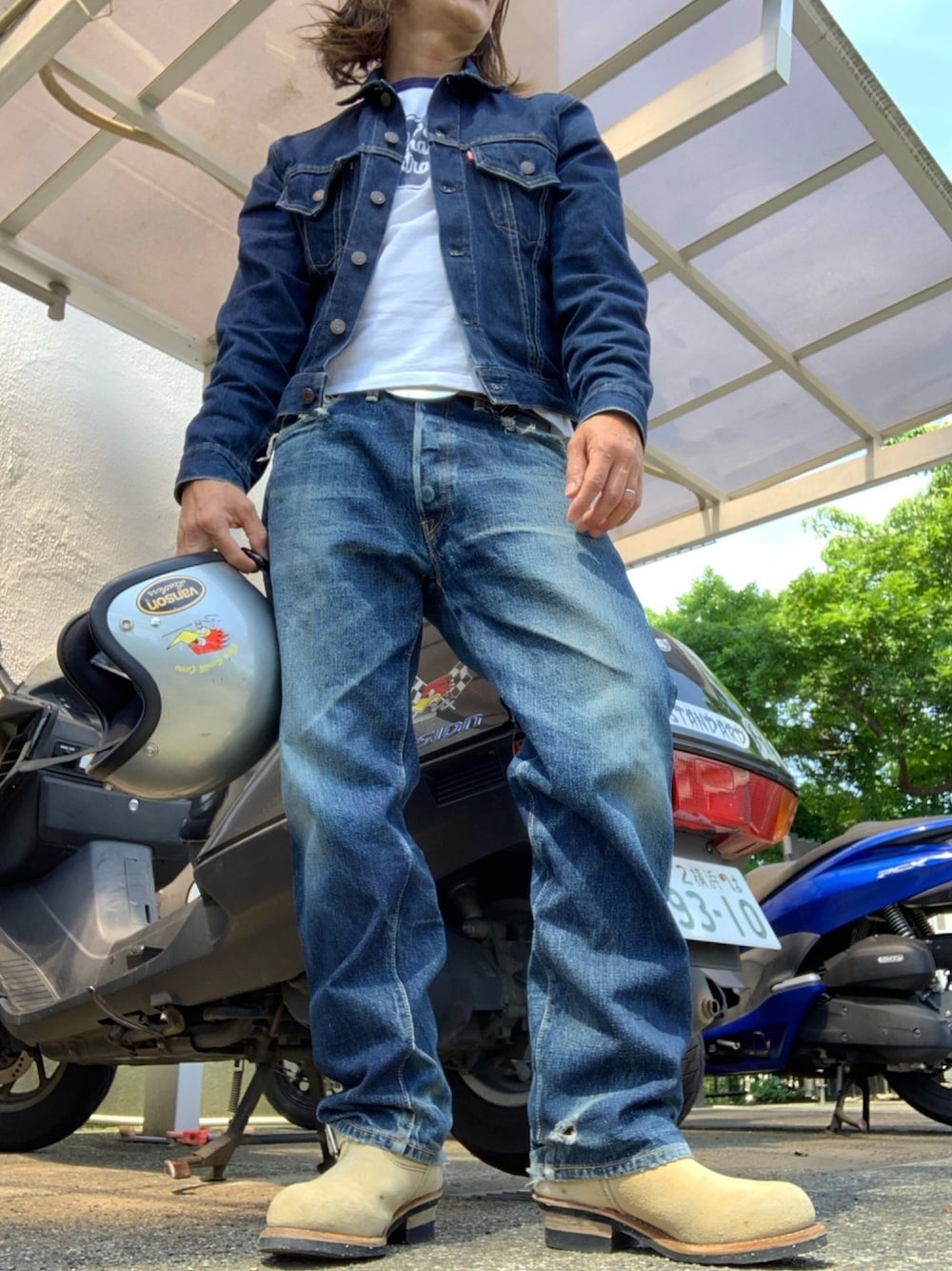 「アメカジ、デニム、Gジャン、Levi's、ジーパン、Redwing、ブーツ、エンジニアブーツ、カジュアル、低身長コーデ、デニムパンツ、春」｜「Denimeのアイテム（デニムパンツ、ブルー系）」を使った、 tatsuma21さん（メンズ・165cm）の夏コーディネートの1枚目の写真