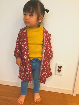 「BRANSHES（ブランシェス）の花柄長袖ワンピース（ワンピース、レッド系）」を使った、Hinaさん（キッズ・80cm）の秋コーディネート