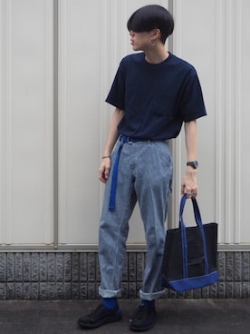 「アイテム（レッグウェア、ブルー系）」を使った、UJUさん（メンズ・176cm）の夏コーディネート