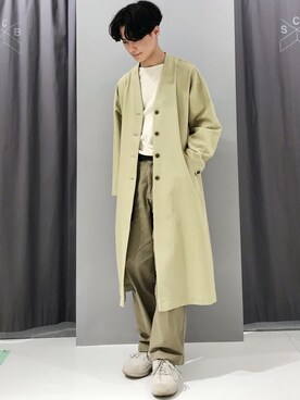 ノーカラーコートを使った オリーブ のメンズ人気ファッションコーディネート Wear