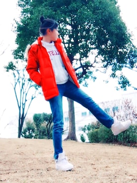 「アイテム（パーカー、ホワイト系）」を使った、Mさん（レディース・163cm）の冬コーディネート