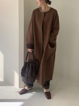 「ブラウンパンツ」｜「アイテム（ステンカラーコート）」を使った、ayuさん（レディース・165cm）の秋コーディネート
