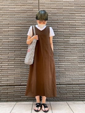 「UNIQLO（ユニクロ）のアイテム（ワンピース、ブラウン系）」を使った、なーさん（レディース・159cm）の夏コーディネート