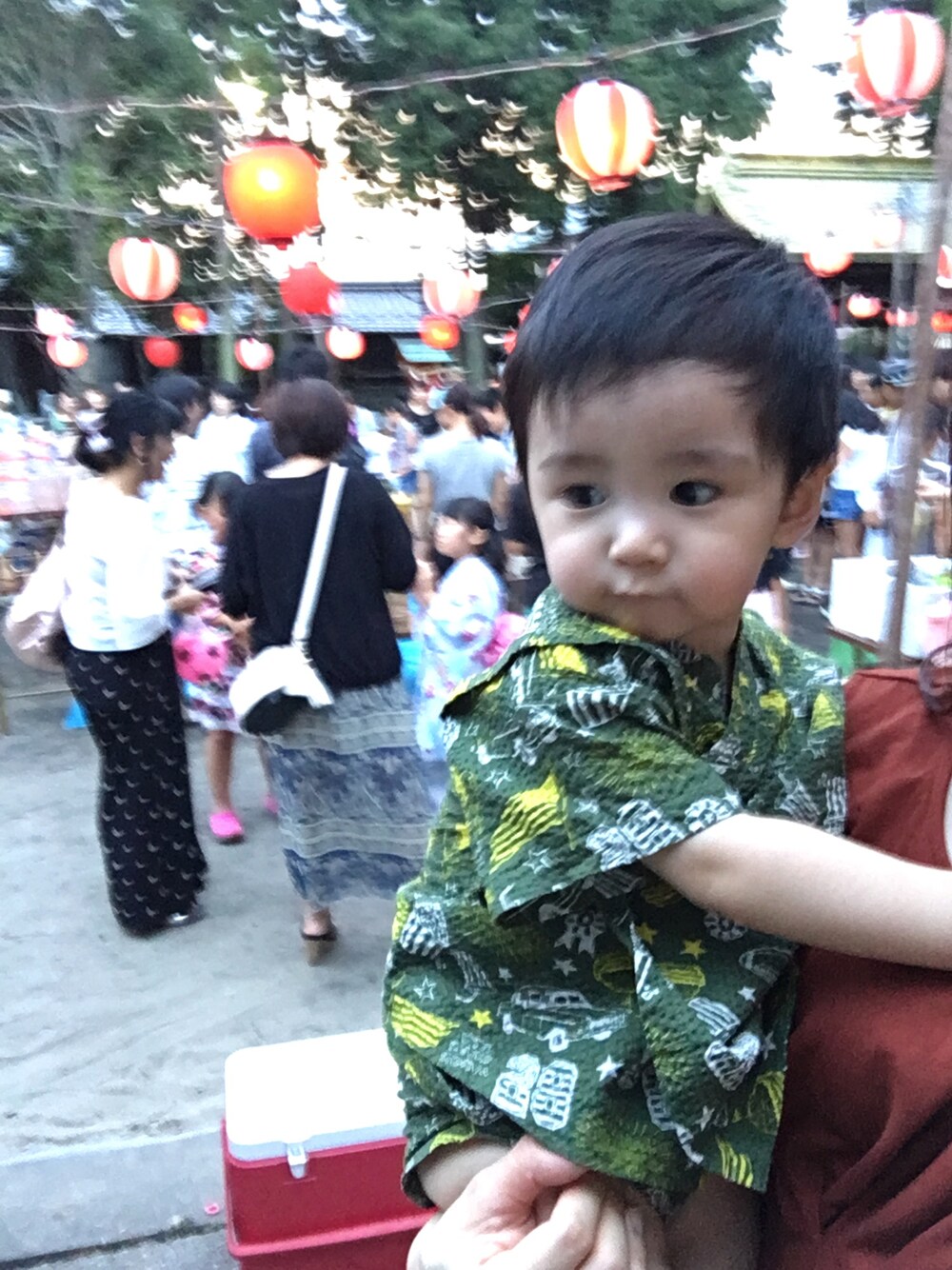 グリーン系のトップス、グリーン系のパンツを着用したキッズの夏コーディネートの1枚目の写真