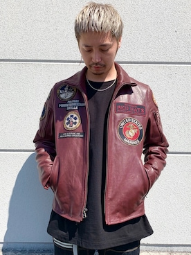 「アイテム（ライダースジャケット、レッド系）」を使った、AVIREX HIDEO.Yさん（メンズ・168cm）の秋コーディネート