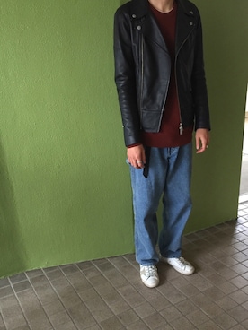 「マルジェラ」｜「アイテム（ライダースジャケット）」を使った、あおたさん（メンズ・176cm）の秋コーディネート