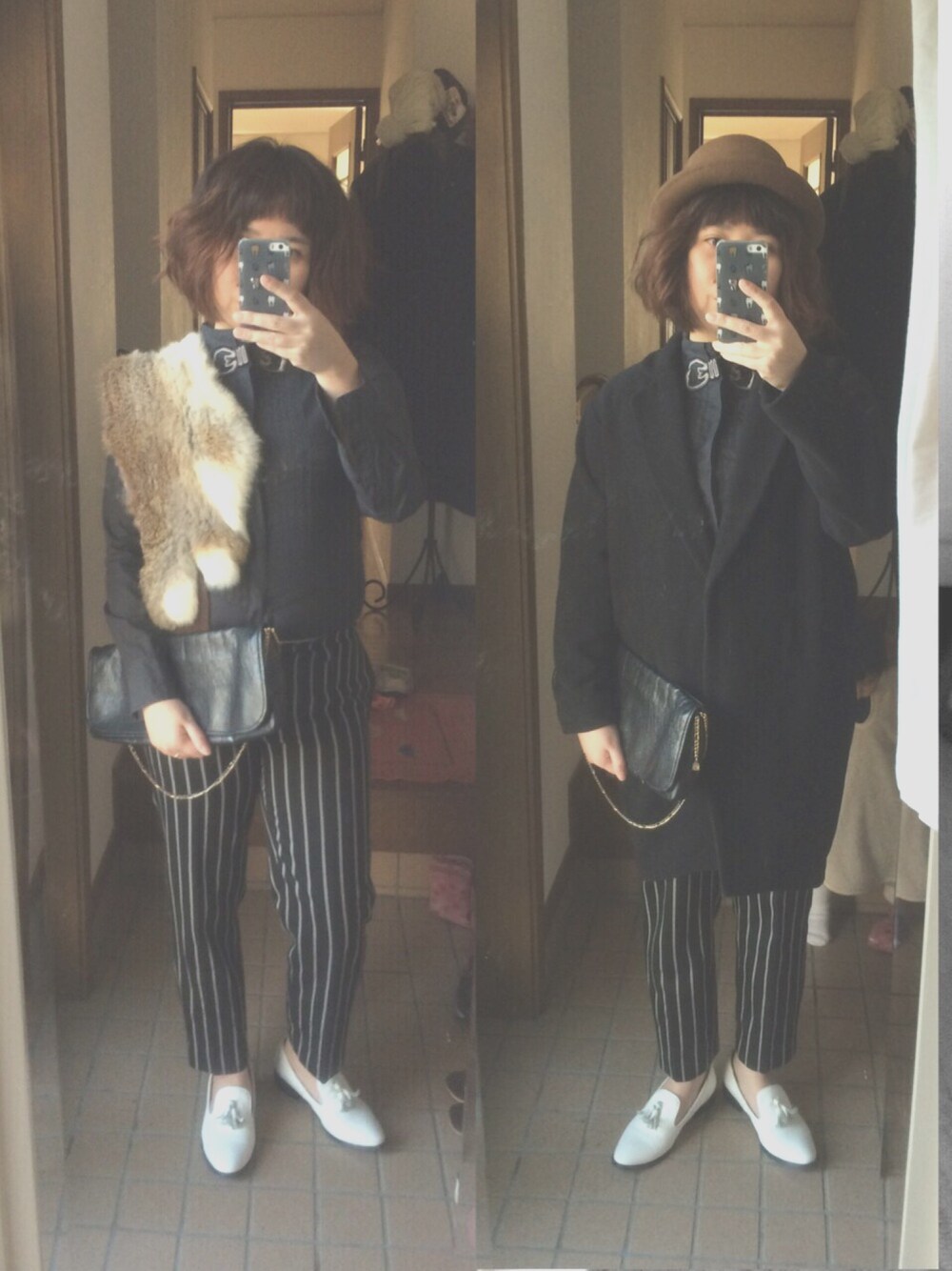 ブラック系のシャツ/ブラウス、ブラック系のその他パンツ、ブラック系のジャケット/アウターを着用したレディースの冬コーディネートの1枚目の写真