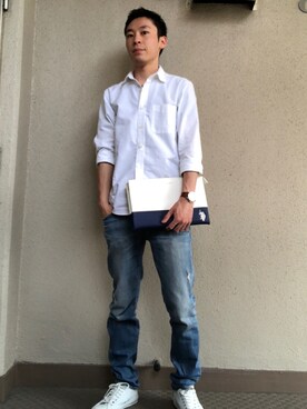 「アイテム（クラッチバッグ、ホワイト系）」を使った、ちょこさん（メンズ・171cm）の春コーディネート