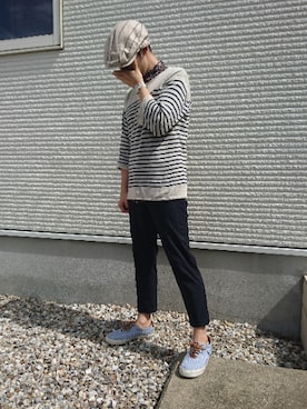 「アンクルパンツ」｜「アイテム（ハンチング/ベレー帽）」を使った、真ん中まぐろさん（メンズ・163cm）の秋コーディネート