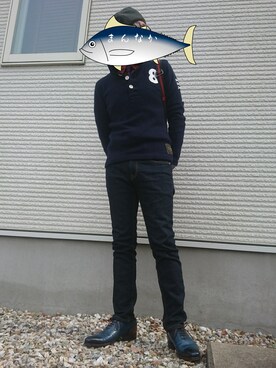 「--（--）のアイテム（ニット/セーター）」を使った、真ん中まぐろさん（メンズ・163cm）の秋コーディネート