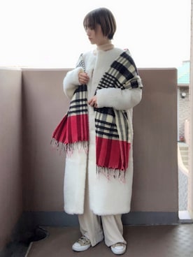「チェックマフラー」｜「アイテム（その他アウター）」を使った、t  i c aさん（レディース・153cm）の冬コーディネート