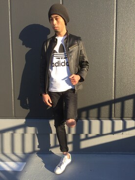 「MK MICHEL KLEIN HOMME （エムケーミッシェルクランオム）のアイテム（ライダースジャケット）」を使った、威志若林さん（メンズ・162cm）の冬コーディネート