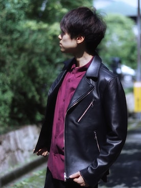 「バーガンディー」｜「アイテム（ライダースジャケット）」を使った、SHOTAさん（メンズ・176cm）の秋コーディネート