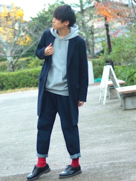 「tk.TAKEO KIKUCHI（ティーケータケオキクチ）のアイテム（チェスターコート）」を使った、SHOTAさん（メンズ・176cm）の秋コーディネート