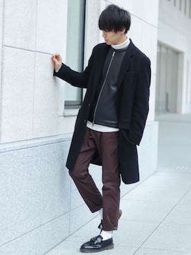 「tk.TAKEO KIKUCHI（ティーケータケオキクチ）のアイテム（チェスターコート）」を使った、SHOTAさん（メンズ・176cm）の冬コーディネート
