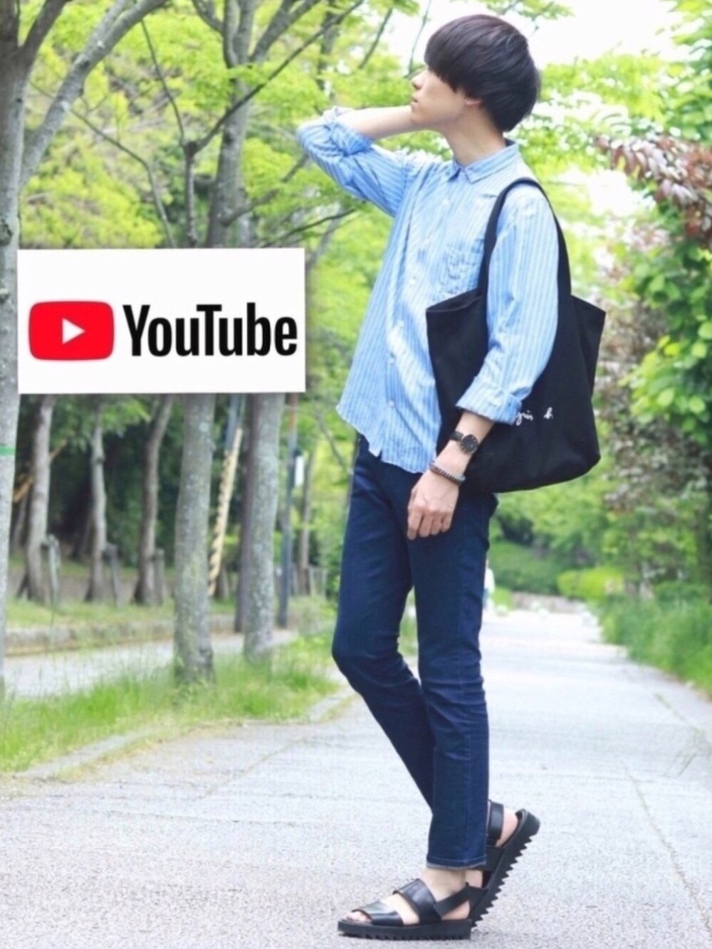 「kutir、スキニー、きれいめカジュアル、youtube、ストライプ、プチプラ、shota、サンダル、UNITED TOKYO、アニエス・ベー」｜「GLOBAL WORKのリネンレーヨンストライプシャツ/780170（シャツ/ブラウス、ブルー系）」を使った、SHOTAさん（メンズ・176cm）の夏コーディネートの1枚目の写真
