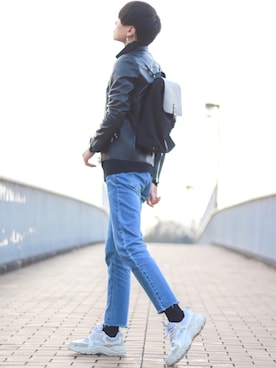 「LIDNM（リドム）のアイテム（ライダースジャケット）」を使った、SHOTAさん（メンズ・176cm）の冬コーディネート