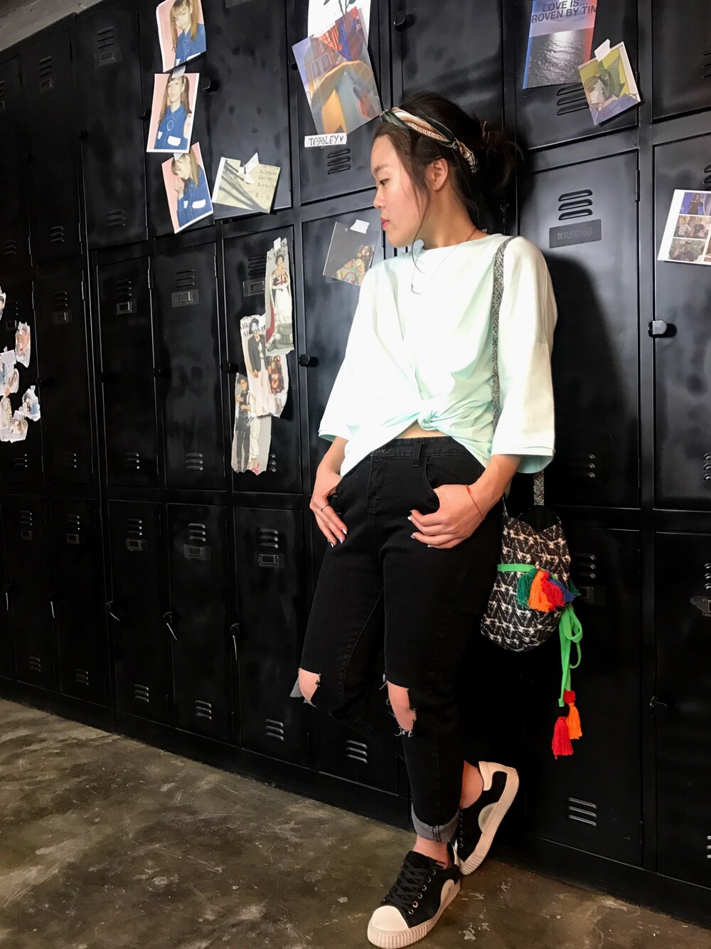 「春コーデ、2018ss、locker、Tshirts、summer、tessleystyle、tessley、online shop、Hong Kong」｜「tessleyのアイテム（Tシャツ/カットソー、グリーン系）」を使った、Kate tam さん（レディース・156cm）の春コーディネートの1枚目の写真