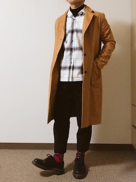 「NO ID.（ノーアイディ）のアイテム（チェスターコート）」を使った、rickey🐶さん（メンズ・165cm）の冬コーディネート