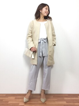 「rienda（リエンダ）のアイテム（ノーカラージャケット）」を使った、吉岡由梨子さん（レディース・158cm）の冬コーディネート
