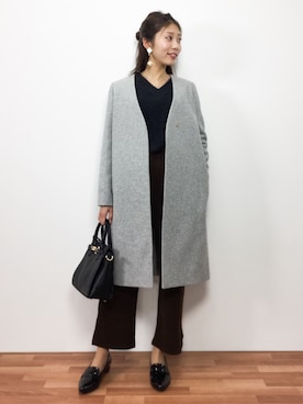「ハーフアップ」｜「アイテム（その他アウター）」を使った、吉岡由梨子さん（レディース・158cm）の冬コーディネート