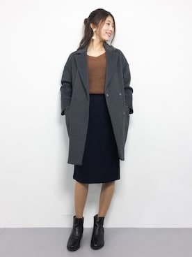 「ハーフアップ」｜「アイテム（その他アウター）」を使った、吉岡由梨子さん（レディース・158cm）の冬コーディネート