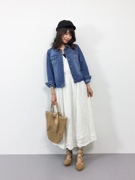 「マリンコーデ」｜「アイテム（デニムジャケット）」を使った、吉岡由梨子さん（レディース・158cm）の春コーディネート