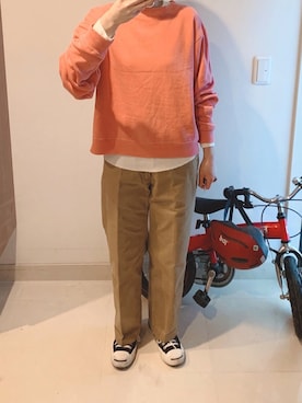 「THE SHINZONE（ザ　シンゾーン）のハイウエストチノパンツ（チノパンツ）」を使った、すぅさんさん（レディース・155cm）の秋コーディネート