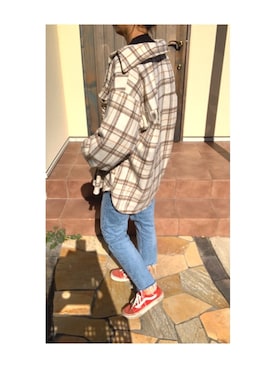 「Aunt Marie's（アントマリーズ）のWEARISTA YUKI × AUNT MARIE'S チェックCPO BIGシャツ（シャツ/ブラウス、ベージュ系）」を使った、hanapiさん（レディース・165cm）の秋コーディネート