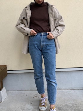 「DHOLIC（ディーホリック）の裏起毛ストレートデニムパンツ（デニムパンツ、ブルー系）」を使った、hanapiさん（レディース・165cm）の秋コーディネート