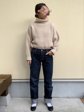 「Ungrid（アングリッド）のセルヴィッチワンウォッシュワイドデニム（デニムパンツ、ブルー系）」を使った、hanapiさん（レディース・165cm）の冬コーディネート