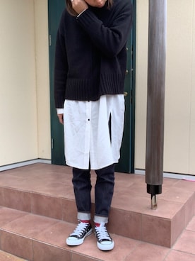 「JEANASIS（ジーナシス）のイージーケアレーヨンロングシャツ/857694（シャツ/ブラウス、ホワイト系）」を使った、hanapiさん（レディース・165cm）の冬コーディネート