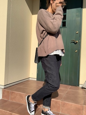 「apres jour mignon（アプレジュールミニョン）のポケット付きモチモチニット【ZOZOTOWN限定アイテム】（ニット/セーター、ブラウン系）」を使った、hanapiさん（レディース・165cm）の冬コーディネート