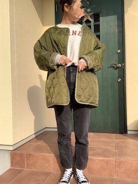 「ブラックデニム」｜「アイテム（ノーカラージャケット）」を使った、hanapiさん（レディース・165cm）の冬コーディネート