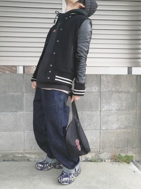 「no brand（ノーブランド）のアイテム（スタジャン）」を使った、Null-Ponさん（メンズ・164cm）の冬コーディネート