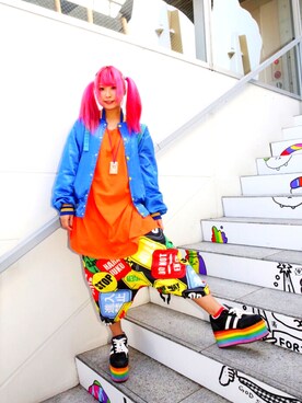 「原宿」｜「アイテム（スタジャン）」を使った、☆×7さん（レディース・161cm）の春コーディネート