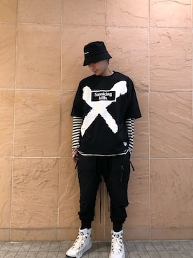 「L.H.P（エルエイチピー）のアイテム（帽子）」を使った、アライトモヤさん（メンズ・170cm）の春コーディネート