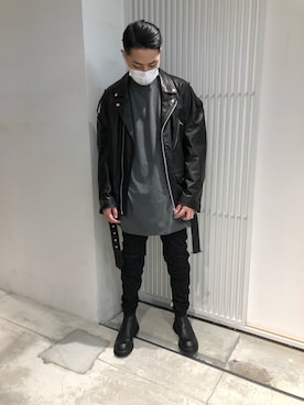 「WHITELAND（ホワイトランド）のアイテム（ライダースジャケット）」を使った、アライトモヤさん（メンズ・170cm）の秋コーディネート