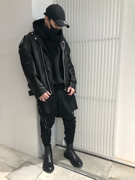 「WHITELAND（ホワイトランド）のアイテム（ライダースジャケット）」を使った、アライトモヤさん（メンズ・170cm）の冬コーディネート