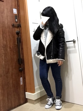 「PAGEBOY（ページボーイ）のアイテム（ライダースジャケット）」を使った、mnkさん（レディース・151cm）の冬コーディネート