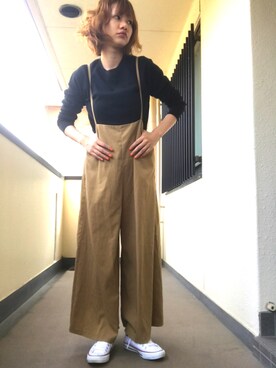 「アイテム（つなぎ/オールインワン、ベージュ系）」を使った、mayoさん（レディース・158cm）の春コーディネート