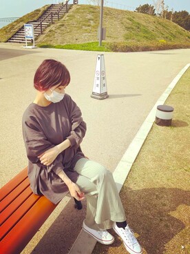 「apres jour mignon（アプレジュールミニョン）のスリット入りBIGロンT【ZOZOTOWN限定アイテム】（Tシャツ/カットソー）」を使った、mayoさん（レディース・158cm）の春コーディネート