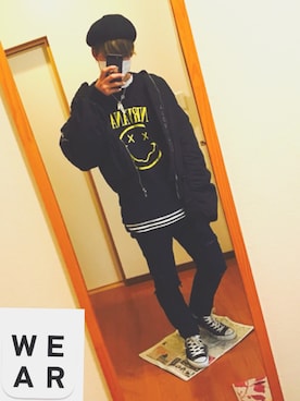 「NIRVANA」｜「アイテム（ハンチング/ベレー帽）」を使った、✂︎田中海斗✂︎さん（メンズ・180cm）の冬コーディネート