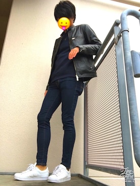 「roshell（ロシェル）のアイテム（ライダースジャケット）」を使った、かんちゃんさん（メンズ・170cm）の冬コーディネート