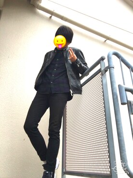 「roshell（ロシェル）のアイテム（ライダースジャケット）」を使った、かんちゃんさん（メンズ・170cm）の冬コーディネート
