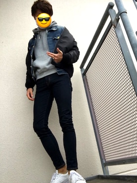 「vallettaのアイテム（ミリタリージャケット、ブラック系）」を使った、かんちゃんさん（メンズ・170cm）の冬コーディネート