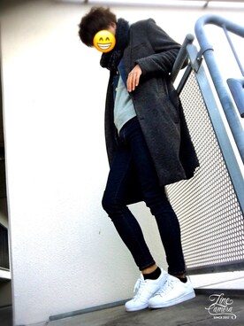 「VANQUISH（ヴァンキッシュ）のダメージデニムジャケット～3RD TYPE～（デニムジャケット、ブルー系）」を使った、かんちゃんさん（メンズ・170cm）の冬コーディネート