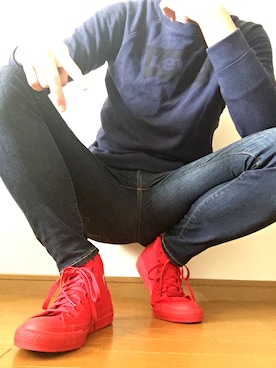 「American Eagle（アメリカンイーグル）のスーパースキニーアクティブフレックスジーンズ（デニムパンツ、ブルー系）」を使った、かんちゃんさん（メンズ・170cm）の春コーディネート