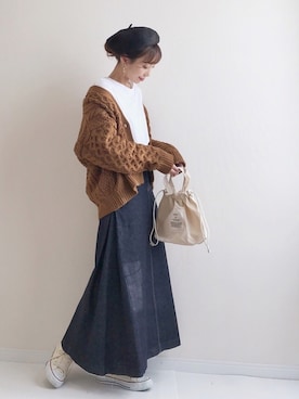 「ケーブルカーディガン」｜「アイテム（ハンチング/ベレー帽）」を使った、haru さん（レディース・161cm）の冬コーディネート
